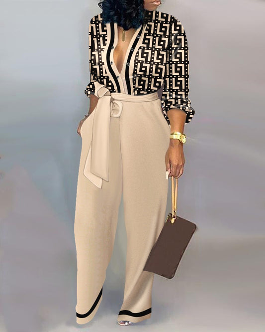 Geometric Print Long Sleeve Belted Jumpsuit