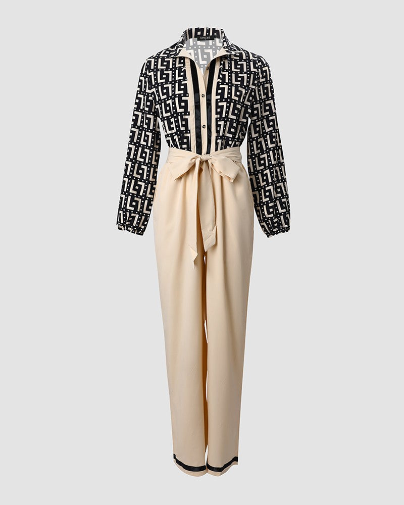 Geometric Print Long Sleeve Belted Jumpsuit