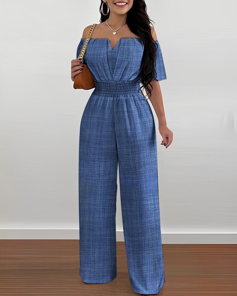Off Shoulder Shirred Waist Jumpsuit