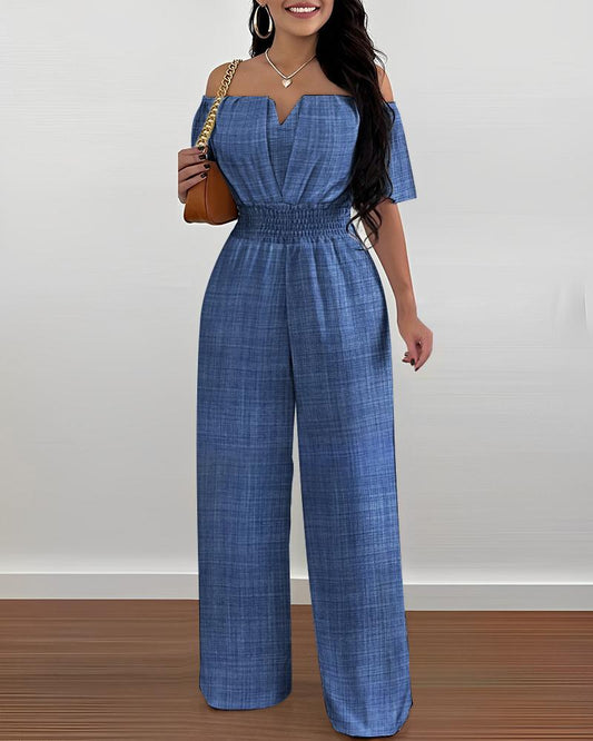Off Shoulder Shirred Waist Jumpsuit