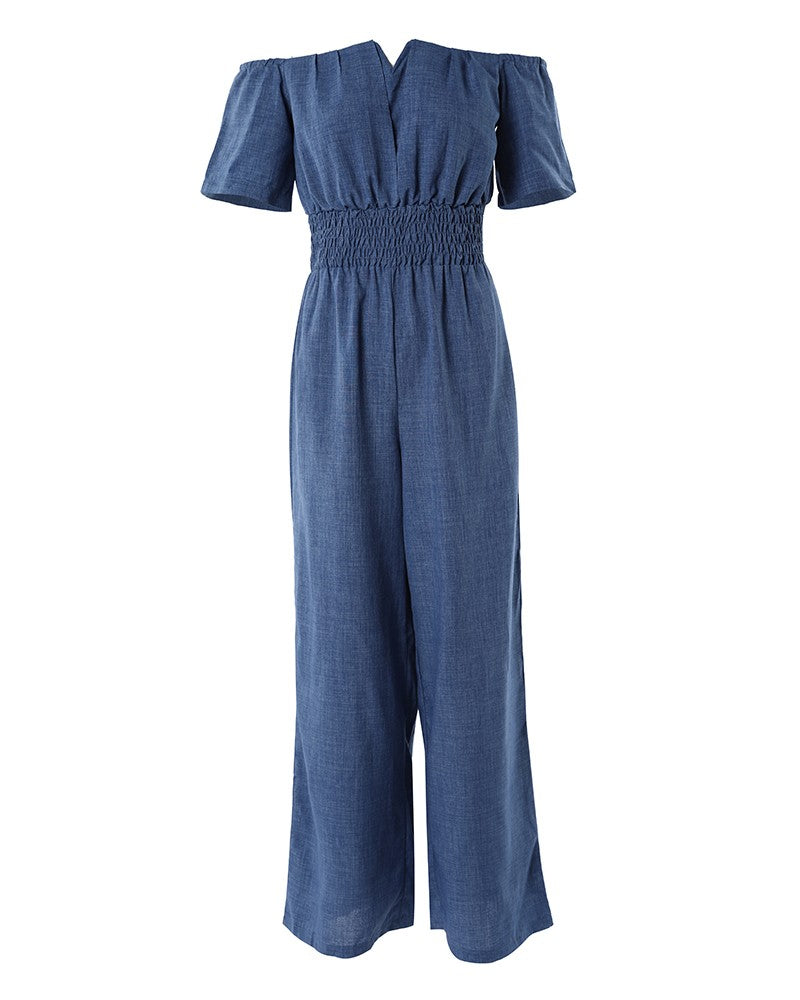 Off Shoulder Shirred Waist Jumpsuit
