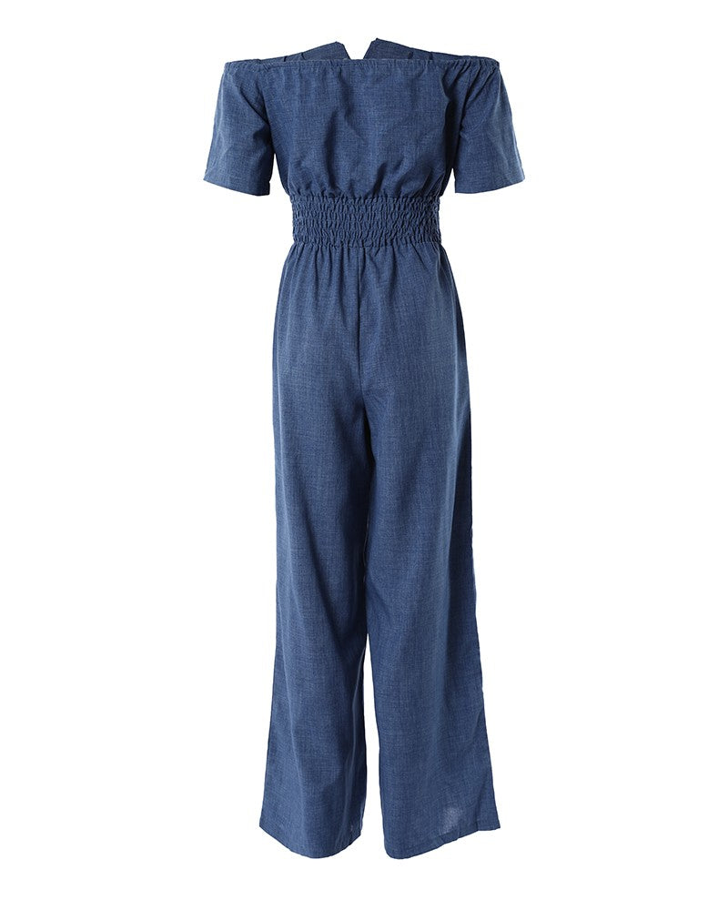 Off Shoulder Shirred Waist Jumpsuit