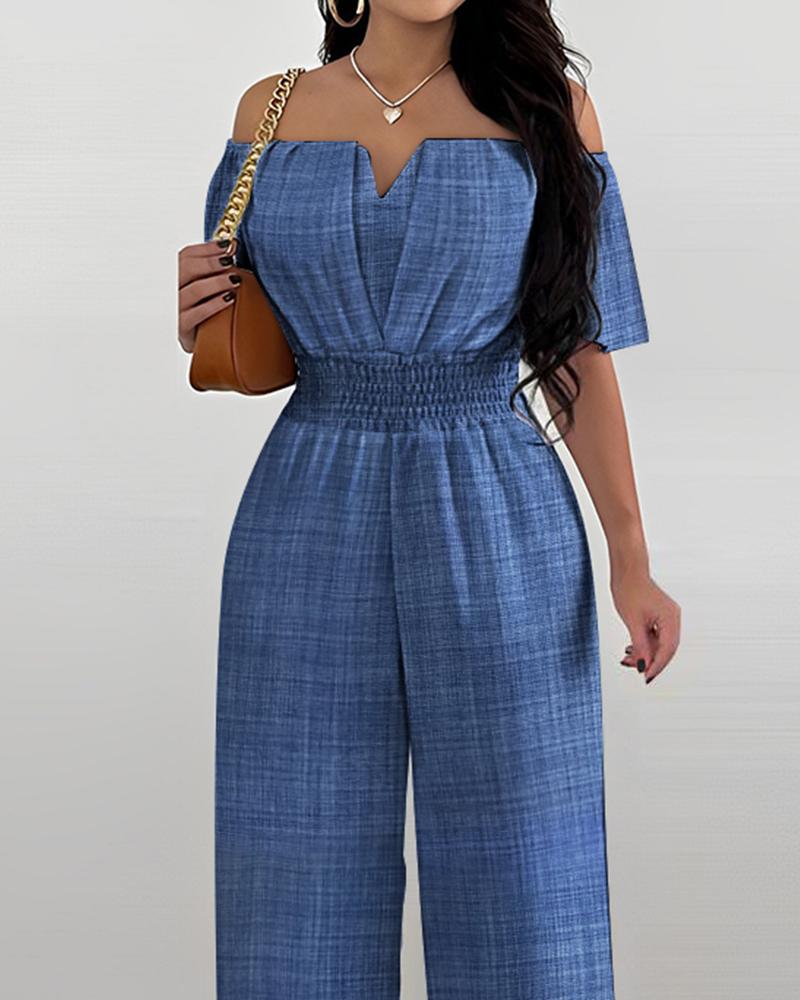 Off Shoulder Shirred Waist Jumpsuit