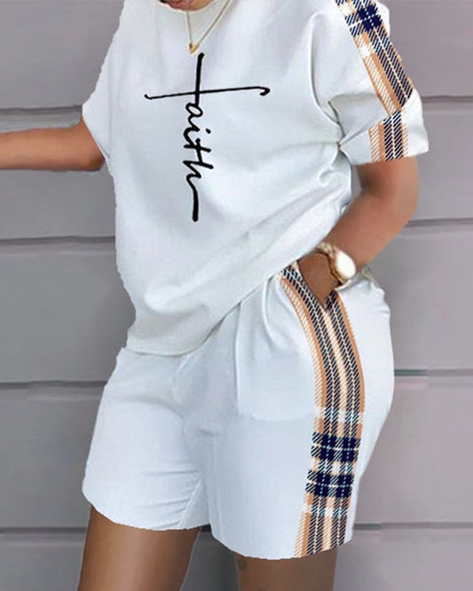 Faith Plaid Print Casual Top & Shorts Set