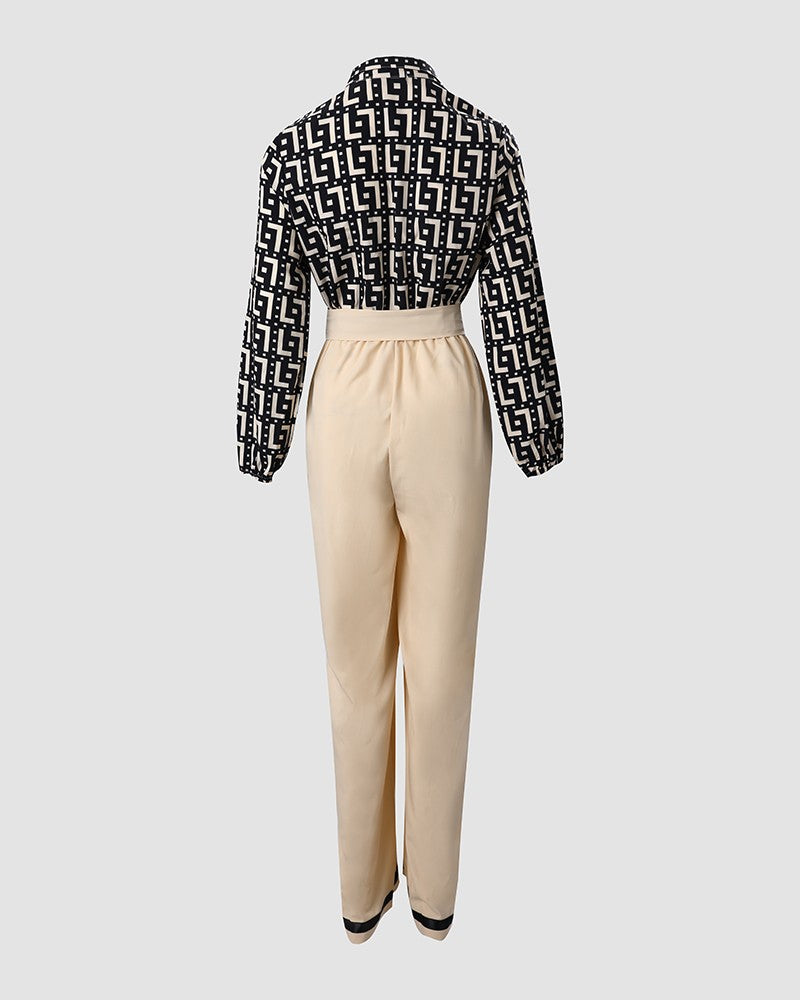 Geometric Print Long Sleeve Belted Jumpsuit