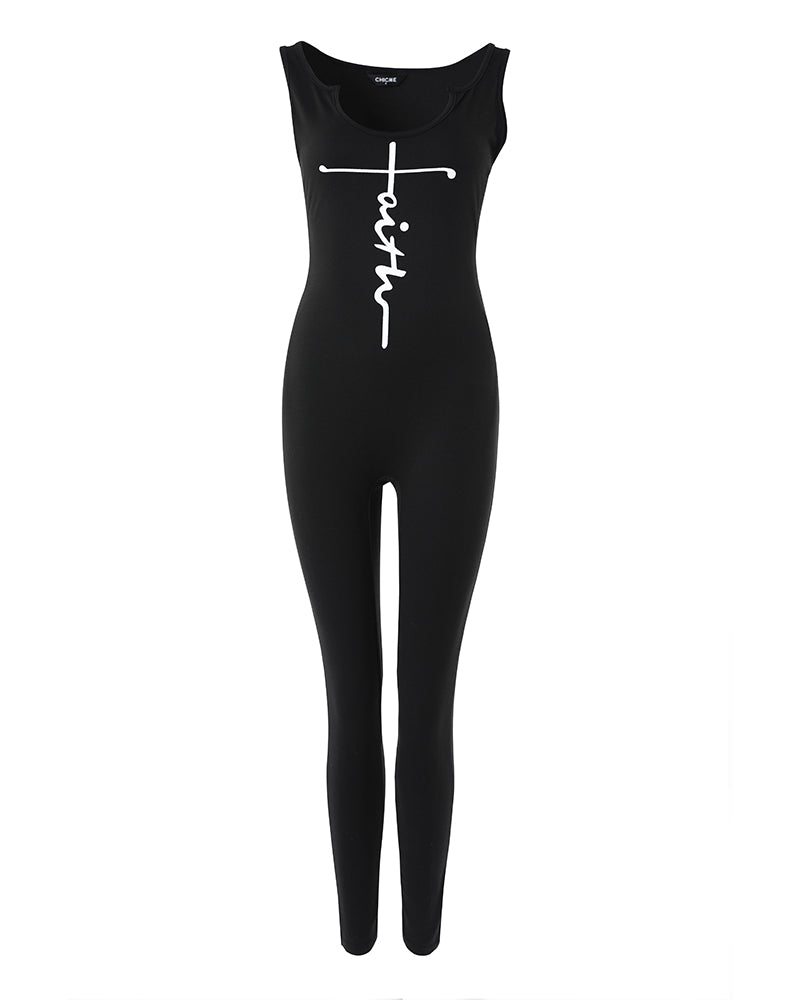 Faith Print U-Neck Sleeveless Skinny Jumpsuit